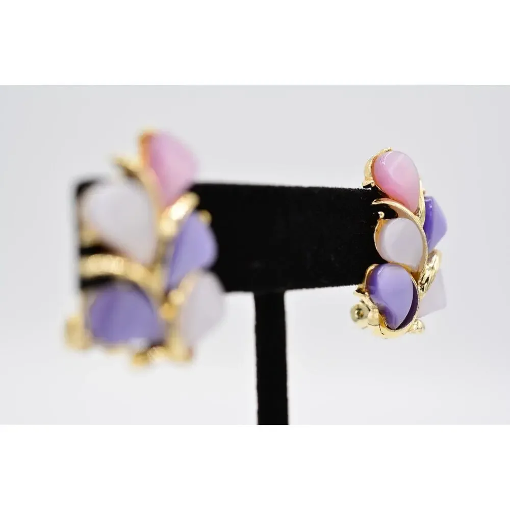 Kramer Vintage Clip On Earrings Purple Pink Lucite Floral Leaf Gold Signed BinAA
